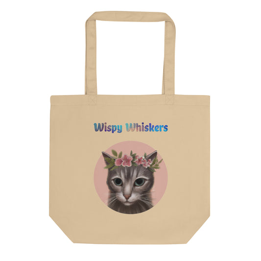 Eco Tote Bag with Cat With Pink Floral Headpiece with text "Wispy Whiskers" at $26.97 found at Personalizedpetlovergifts