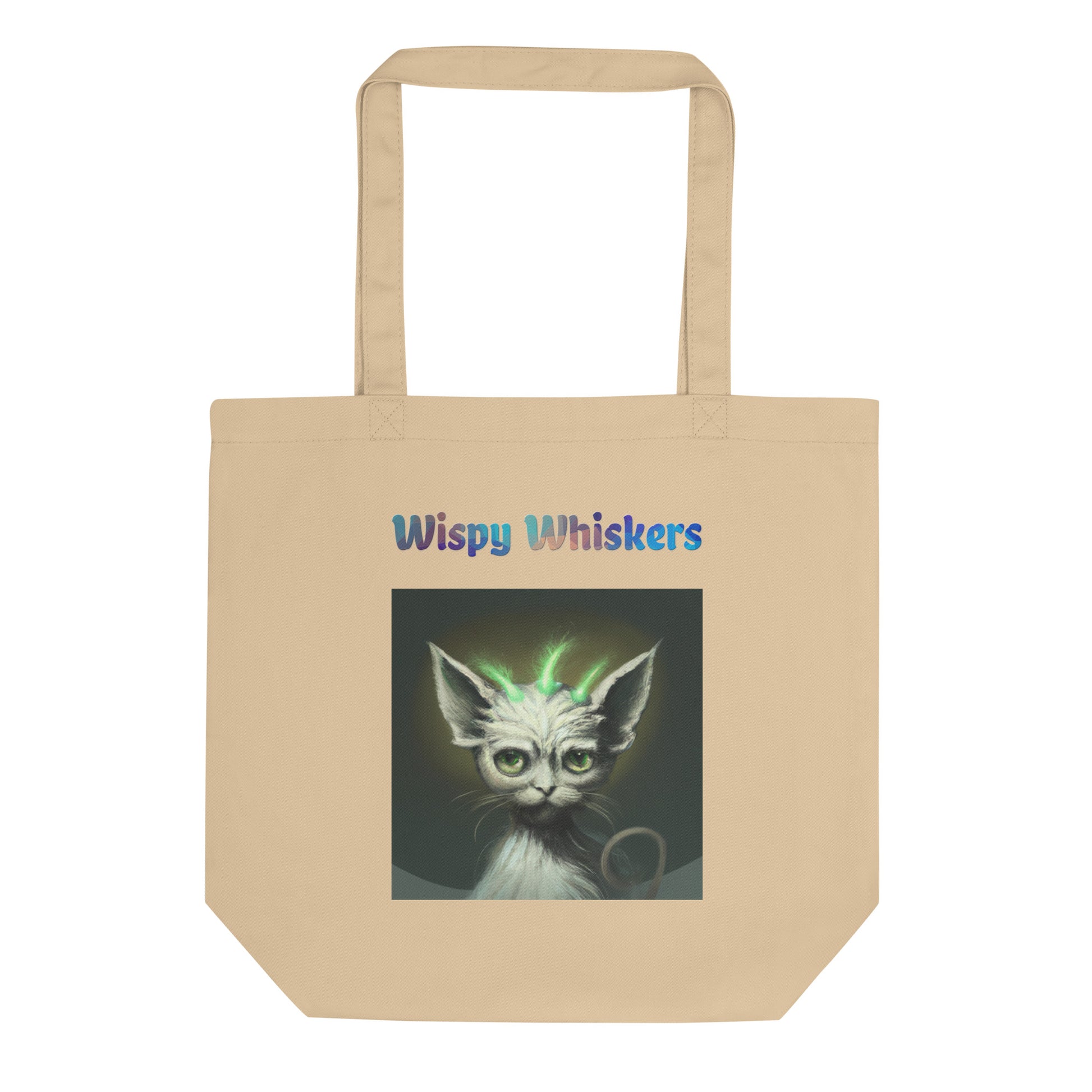 Eco Tote Bag with Cat With Green Alien Spikes with text "Wispy Whiskers" at $26.97 found at Personalizedpetlovergifts