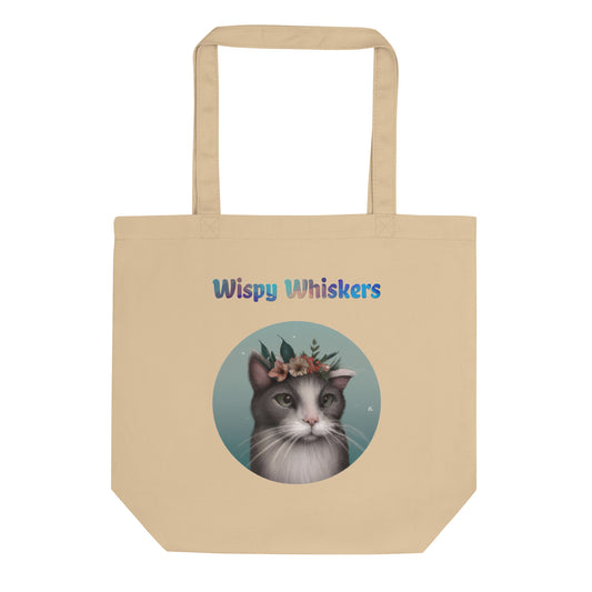 Eco Tote Bag with Cat With Flowers with text "Wispy Whiskers" at $26.97 found at Personalizedpetlovergifts