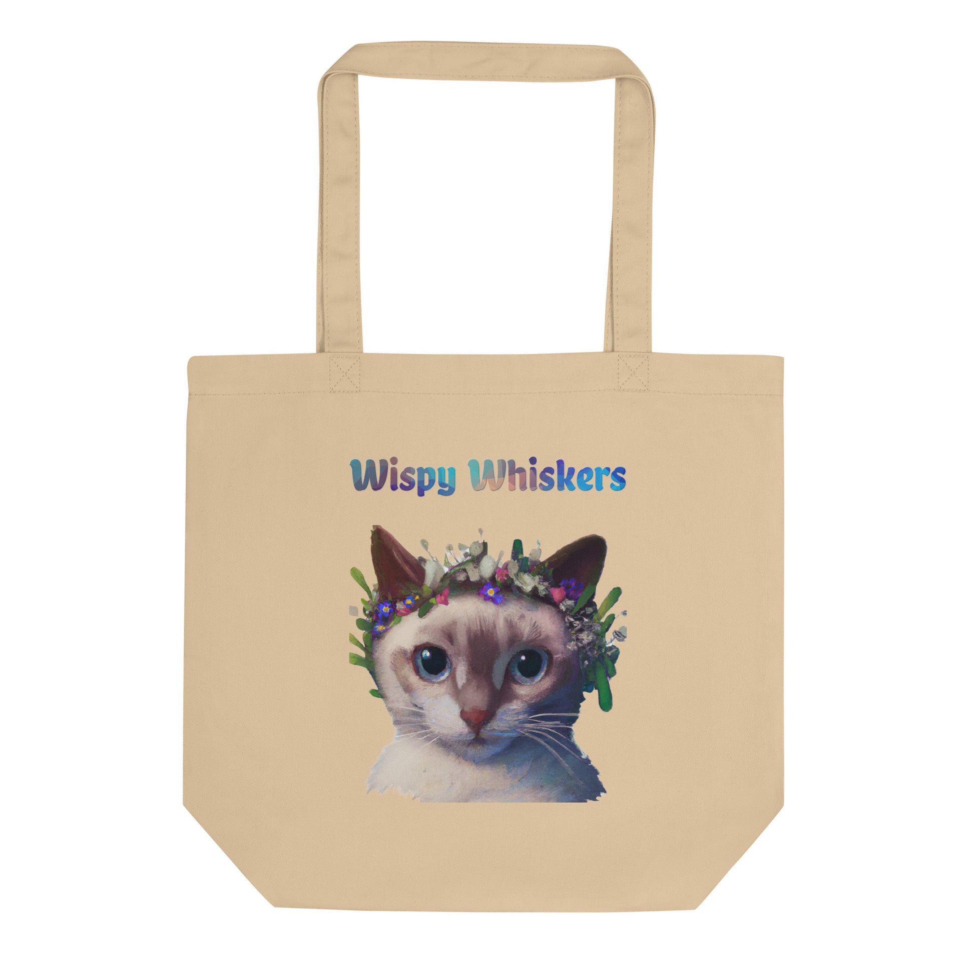 Eco Tote Bag with Cat With Flowers On Head with text "Wispy Whiskers" at $26.97 found at Personalizedpetlovergifts