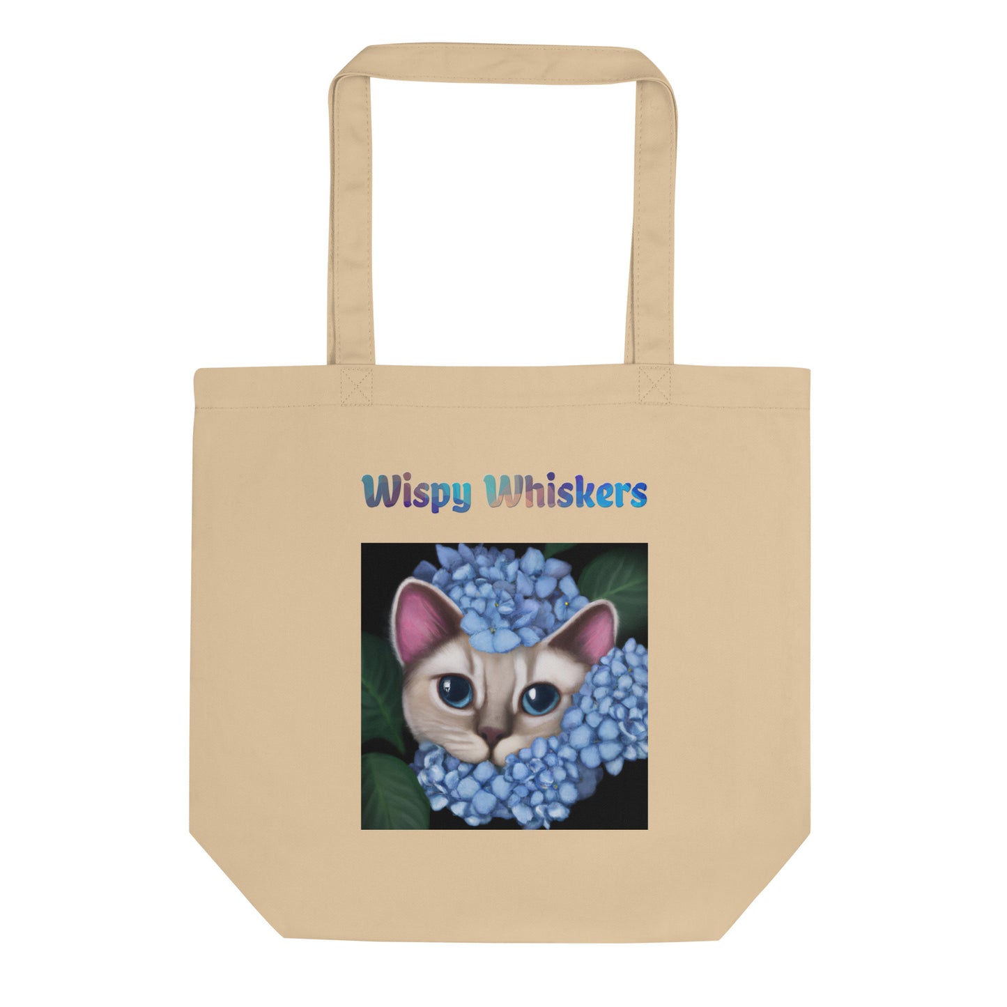 Eco Tote Bag with Cat With Blue Hydrangea Flowers with text "Wispy Whiskers" at $26.97 found at Personalizedpetlovergifts