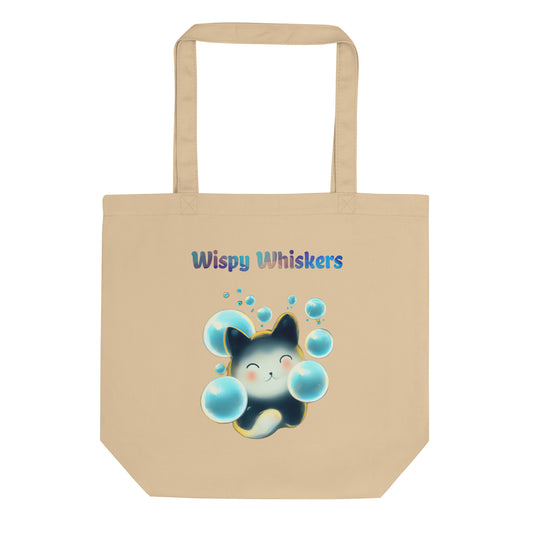 Eco Tote Bag with Cat With Blue Bubbles with text "Wispy Whiskers" at $26.97 found at Personalizedpetlovergifts