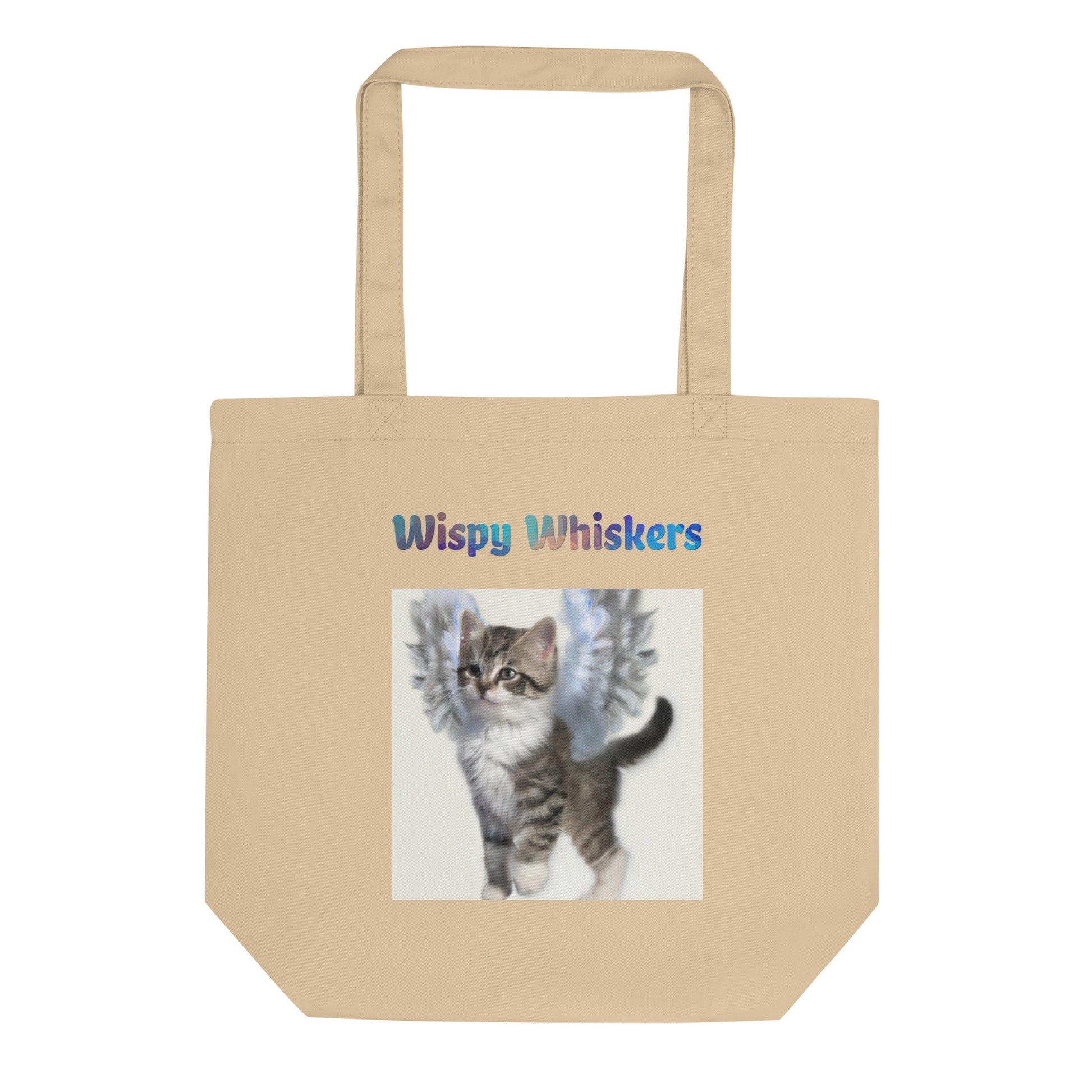 Eco Tote Bag with Cat With Beautiful Angel Wings with text "Wispy Whiskers" at $26.97 found at Personalizedpetlovergifts