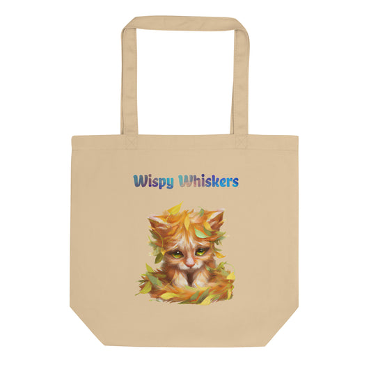 Eco Tote Bag with Cat With Autumn Leaves with text "Wispy Whiskers" at $26.97 found at Personalizedpetlovergifts