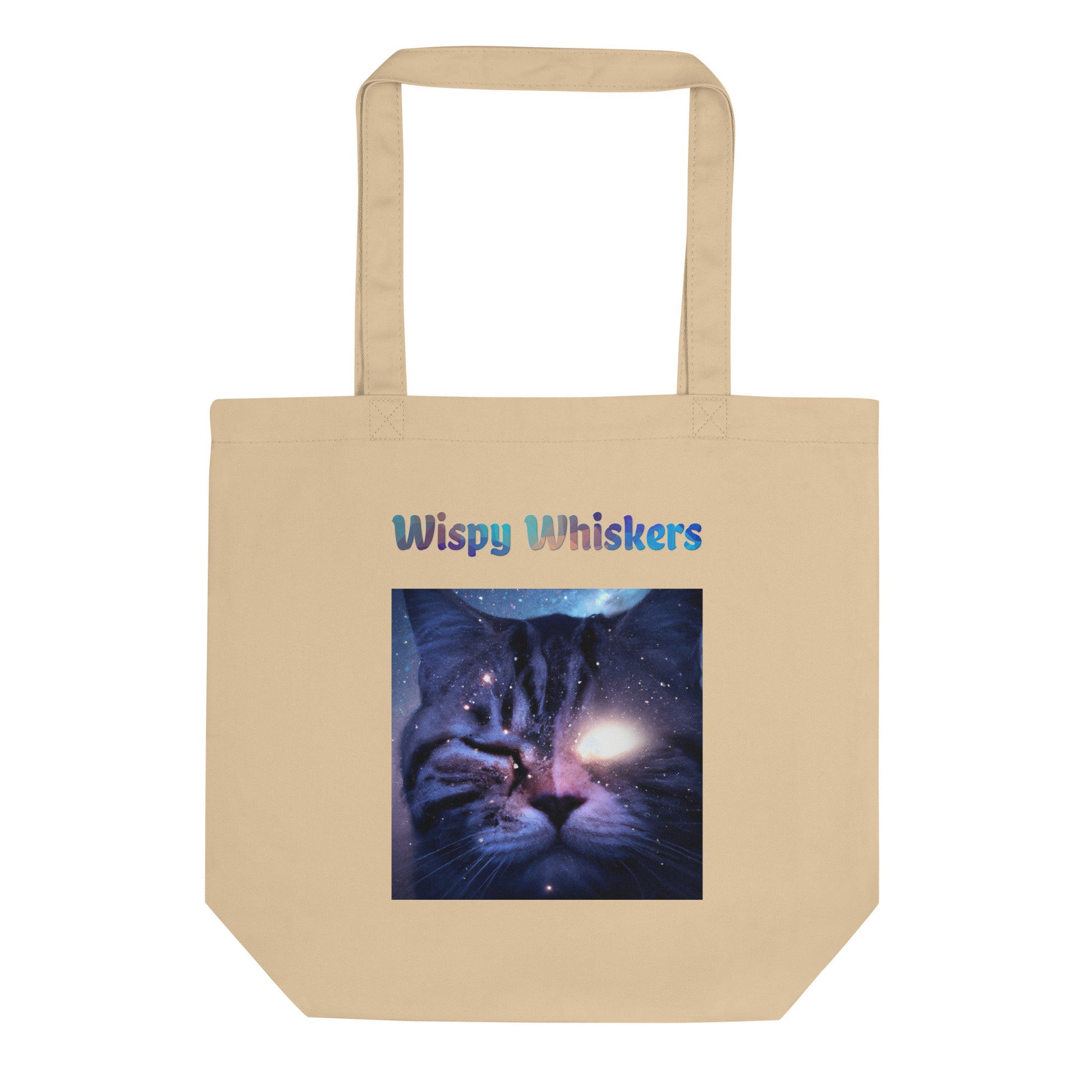 Eco Tote Bag with Cat With a Shiny Eye with text "Wispy Whiskers" at $26.97 found at Personalizedpetlovergifts