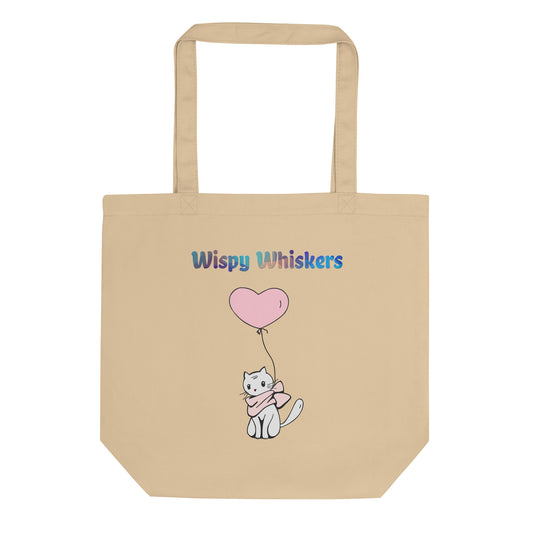 Eco Tote Bag with Cat With a Pink Heart Balloon with text "Wispy Whiskers" at $26.97 found at Personalizedpetlovergifts