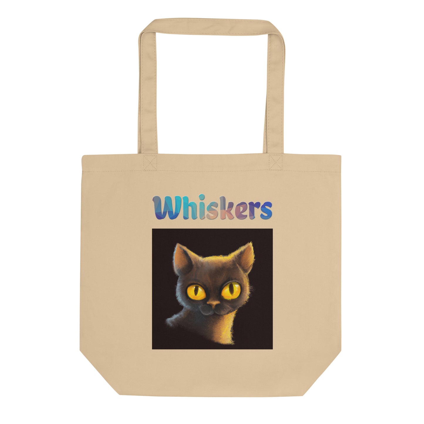 Eco Tote Bag with Cat With Shiny Yellow Eyes with text "Whiskers" at $26.97 found at Personalizedpetlovergifts