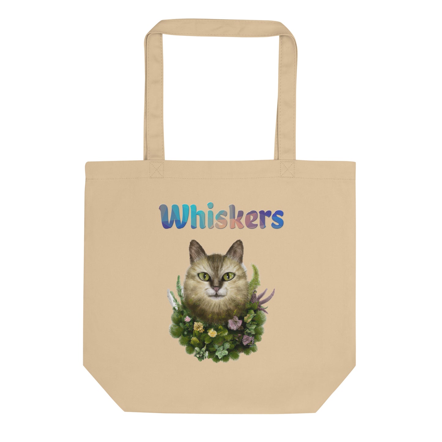 Eco Tote Bag with Cat With Plants And Flowers with text "Whiskers" at $26.97 found at Personalizedpetlovergifts