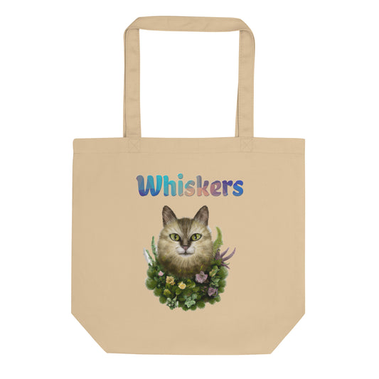 Eco Tote Bag with Cat With Plants And Flowers with text "Whiskers" at $26.97 found at Personalizedpetlovergifts