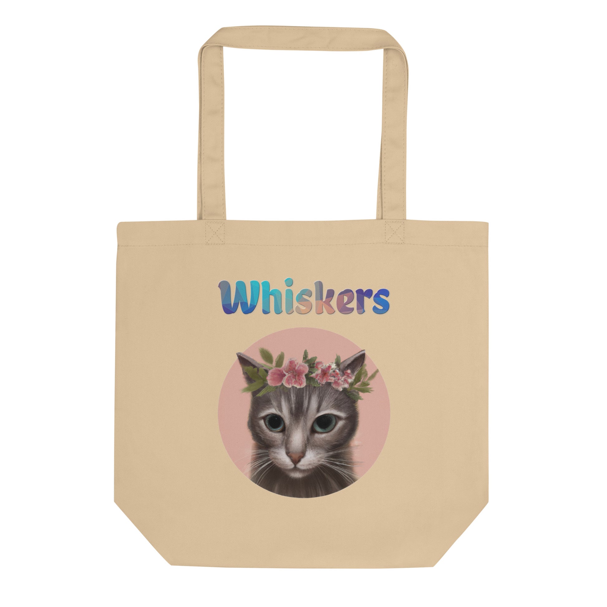 Eco Tote Bag with Cat With Pink Floral Headpiece with text "Whiskers" at $26.97 found at Personalizedpetlovergifts