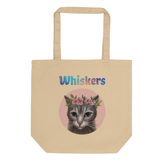 Eco Tote Bag with Cat With Pink Floral Headpiece with text "Whiskers" at $26.97 found at Personalizedpetlovergifts