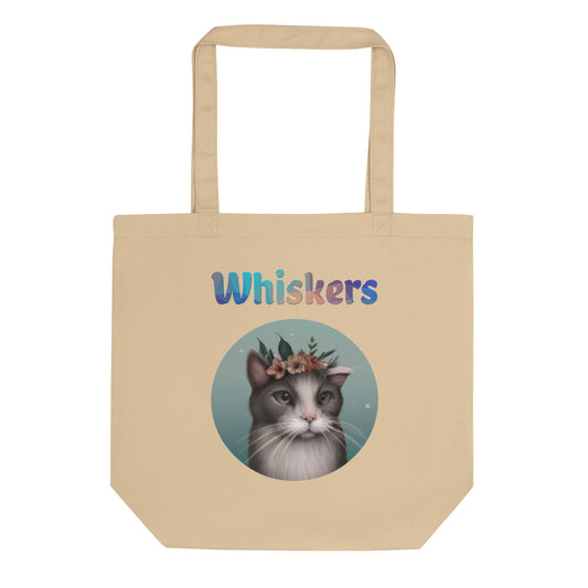 Eco Tote Bag with Cat With Flowers with text "Whiskers" at $26.97 found at Personalizedpetlovergifts