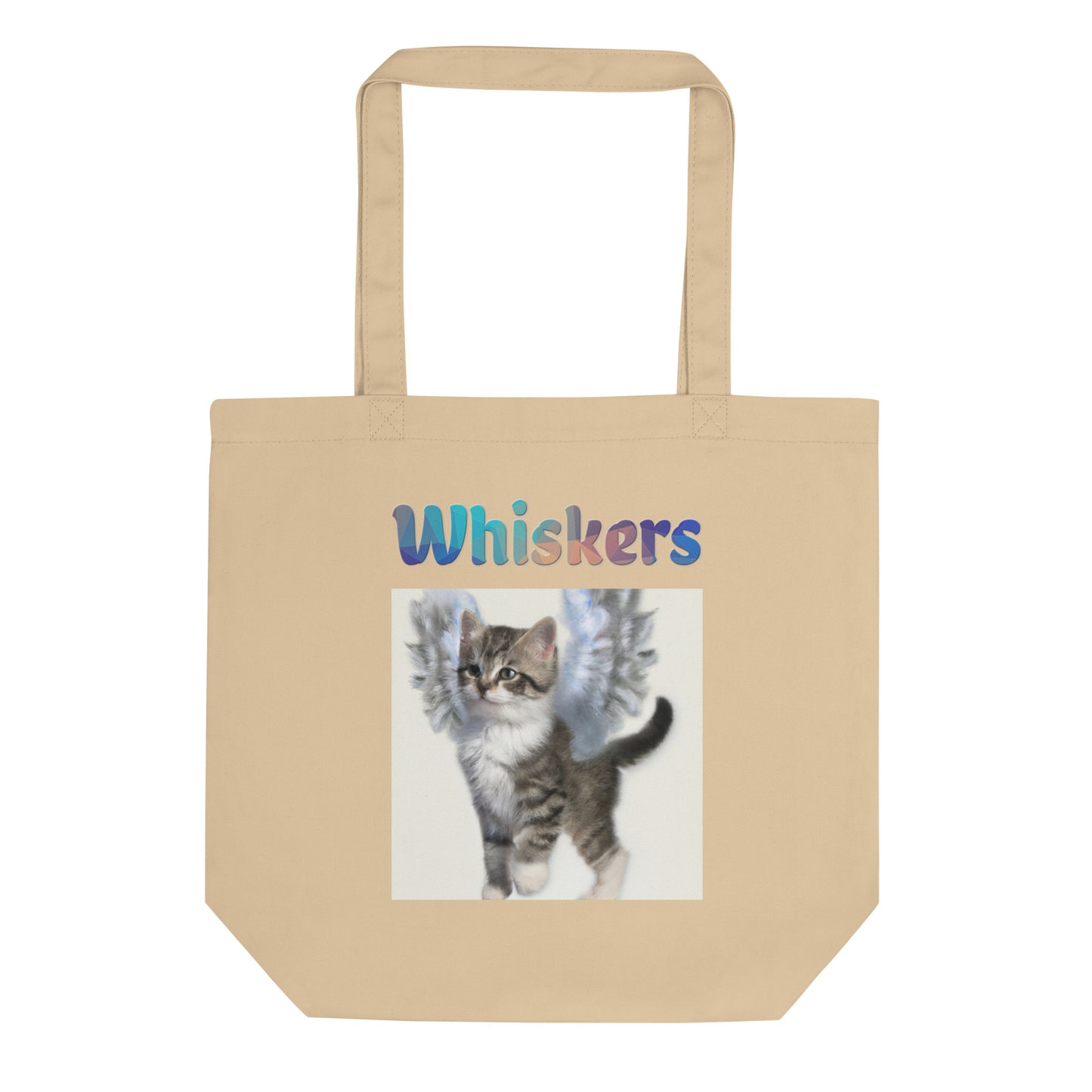 Eco Tote Bag with Cat With Beautiful Angel Wings with text "Whiskers" at $26.97 found at Personalizedpetlovergifts