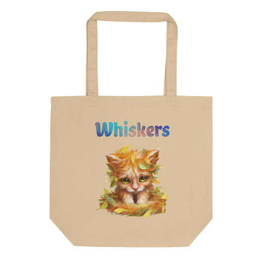 Eco Tote Bag with Cat With Autumn Leaves with text "Whiskers" at $26.97 found at Personalizedpetlovergifts