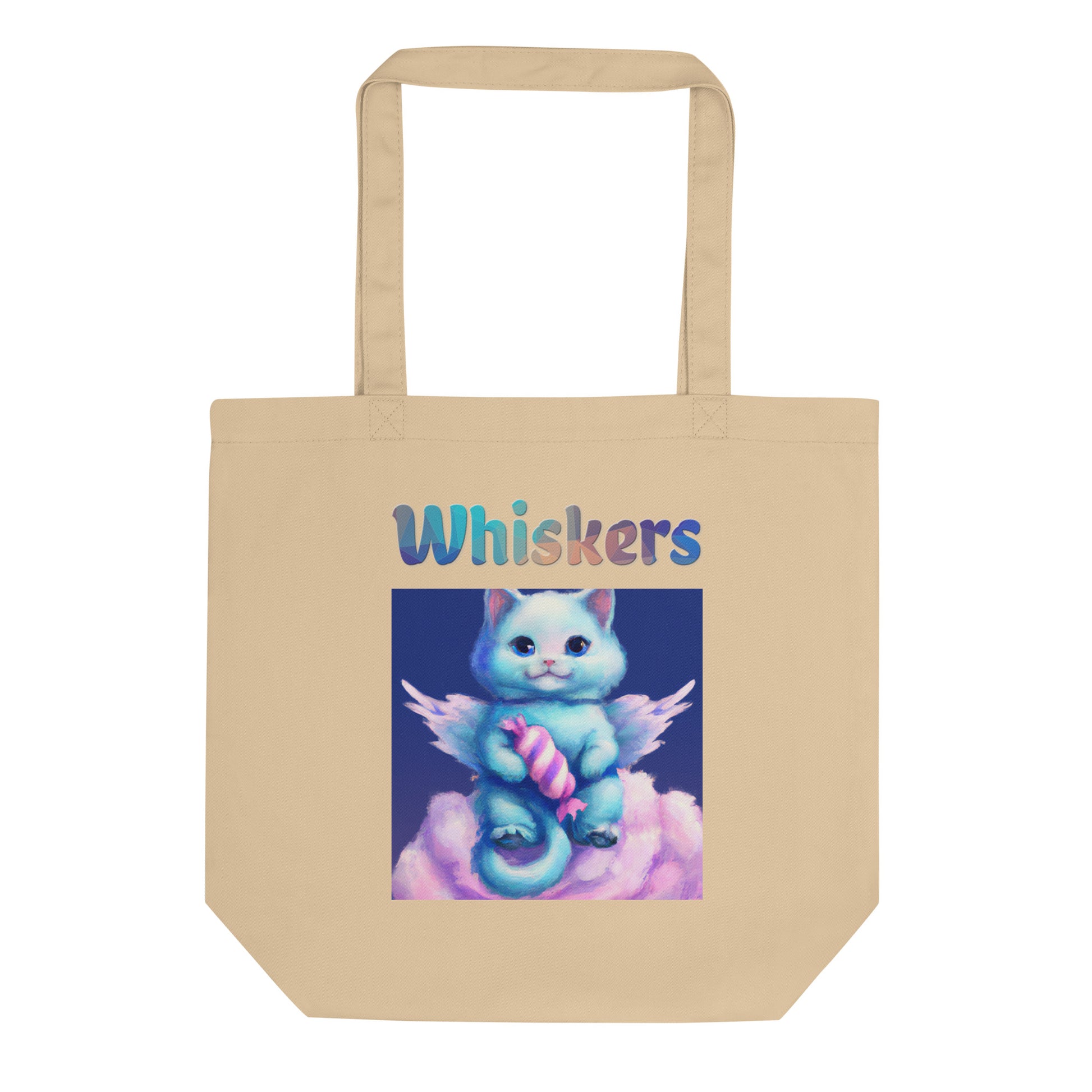 Eco Tote Bag with Cat With Angel Wings In The Clouds with text "Whiskers" at $26.97 found at Personalizedpetlovergifts