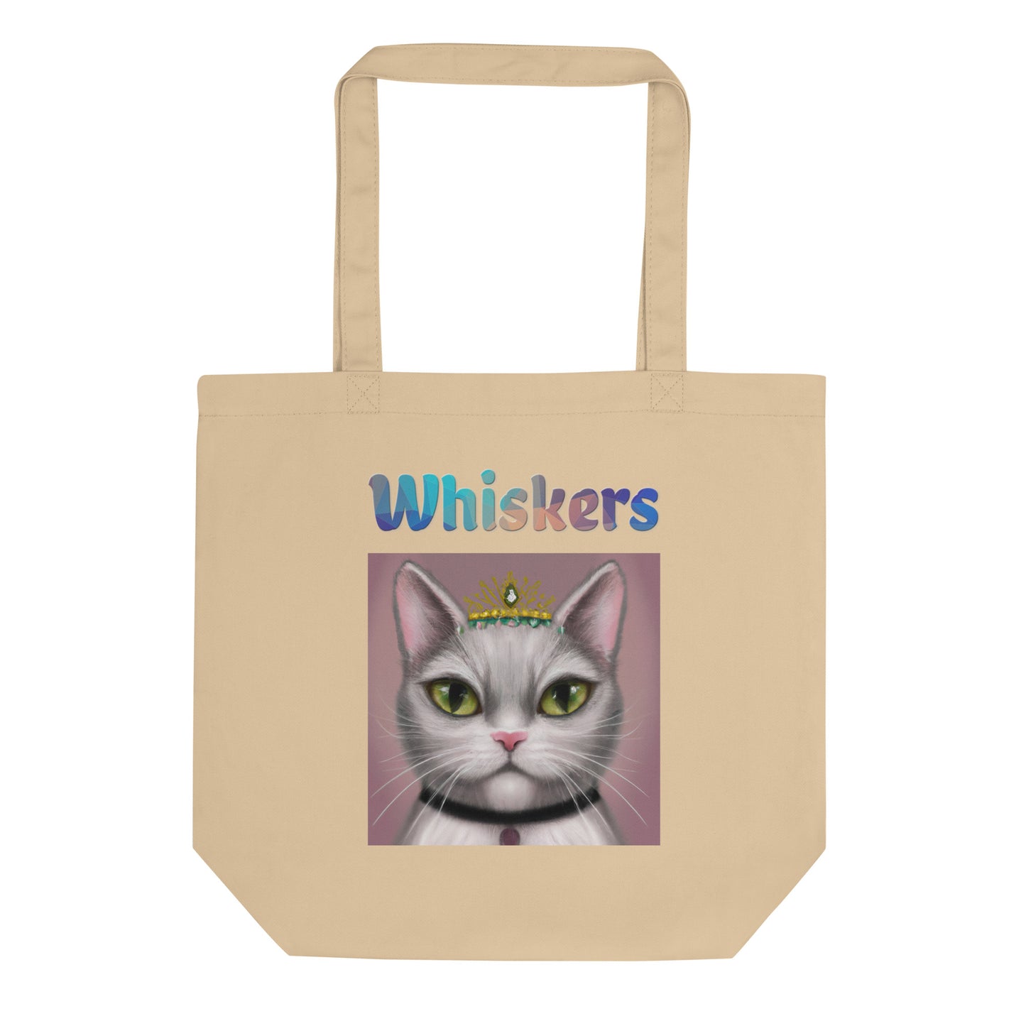 Eco Tote Bag with Cat With a Tiara with text "Whiskers" at $26.97 found at Personalizedpetlovergifts