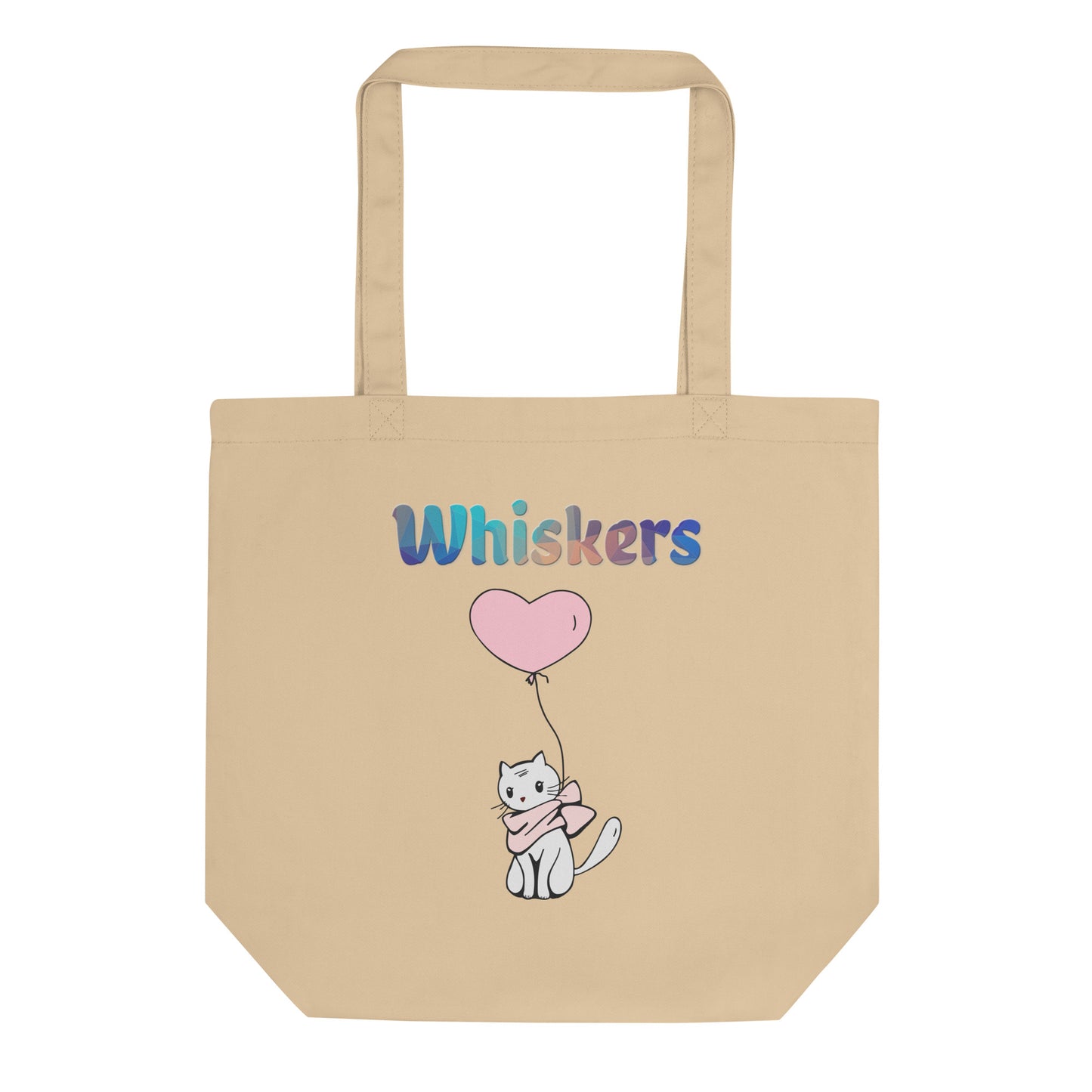 Eco Tote Bag with Cat With a Pink Heart Balloon with text "Whiskers" at $26.97 found at Personalizedpetlovergifts