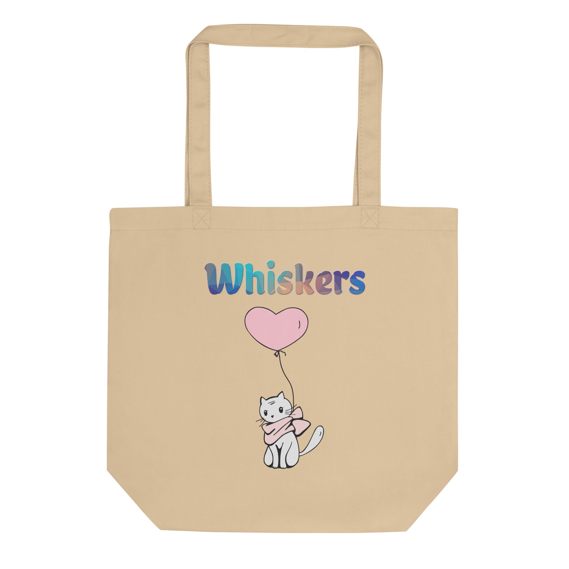 Eco Tote Bag with Cat With a Pink Heart Balloon with text "Whiskers" at $26.97 found at Personalizedpetlovergifts