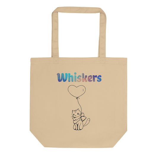 Eco Tote Bag with Cat With a Heart Balloon with text "Whiskers" at $26.97 found at Personalizedpetlovergifts