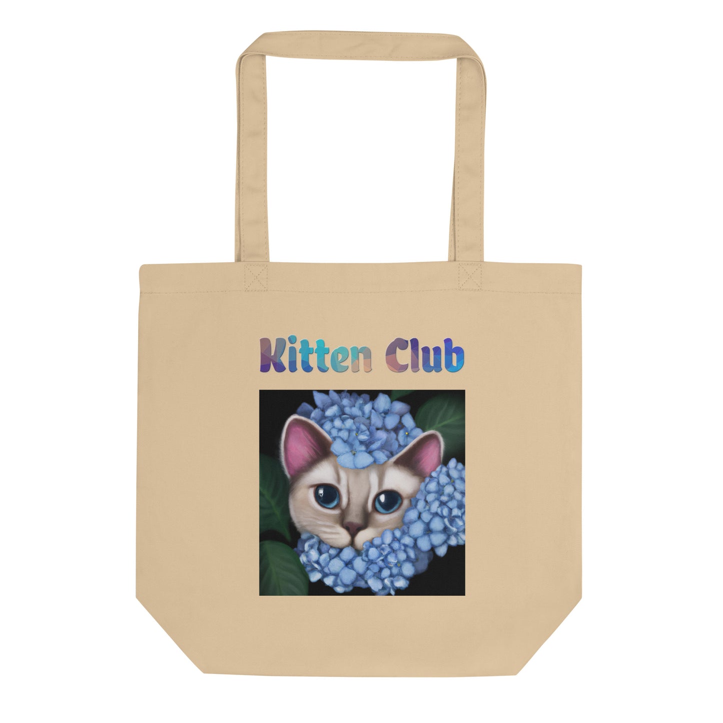 Eco Tote Bag with Cat With Blue Hydrangea Flowers with text "Kitten Club" at $26.97 found at Personalizedpetlovergifts