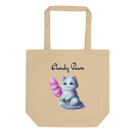 Eco Tote Bag with Kitten Holding A Cotton Candy with text "Chonky Paws" at $26.97 found at Personalizedpetlovergifts