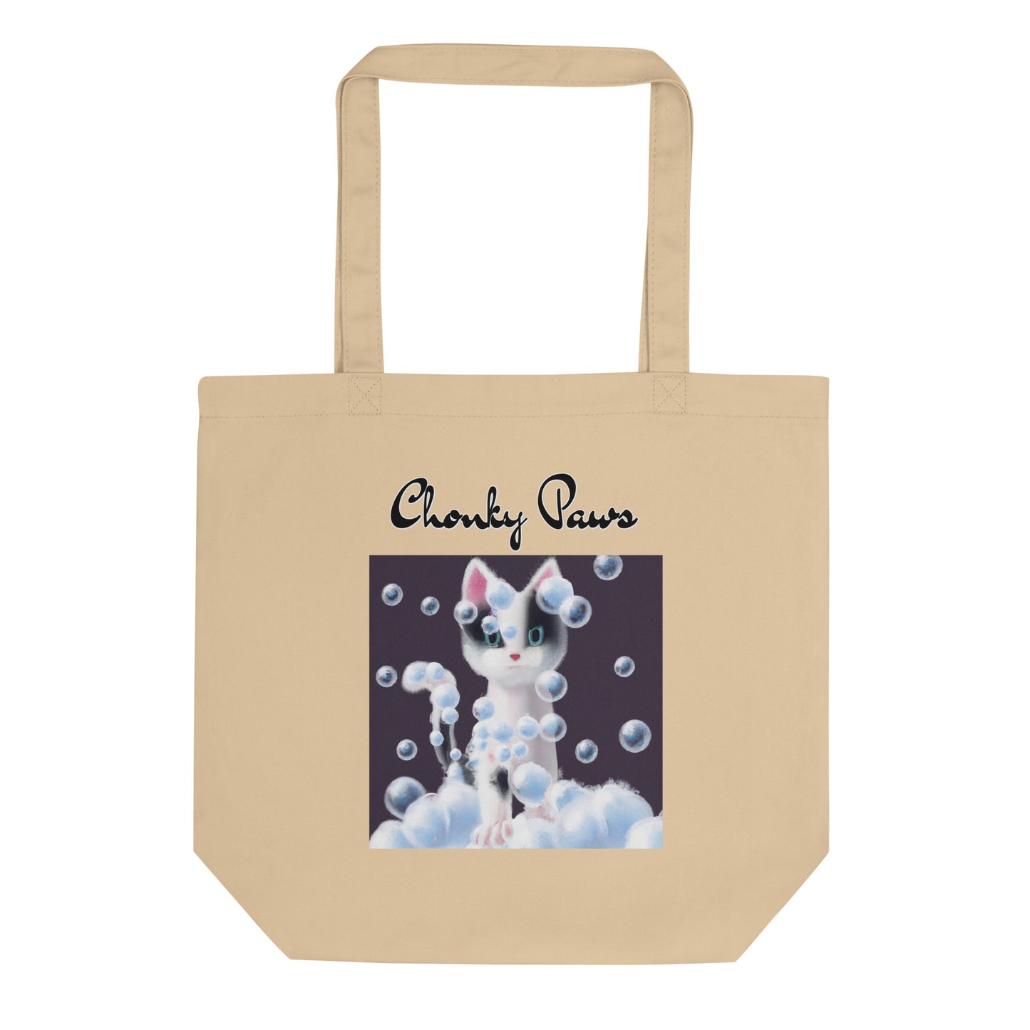 Eco Tote Bag with Kitten Covered In Bubbles with text "Chonky Paws" at $26.97 found at Personalizedpetlovergifts