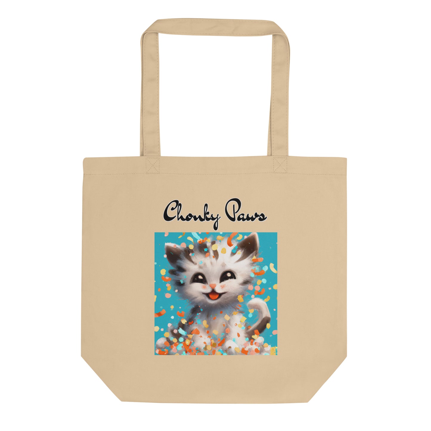 Eco Tote Bag with Happy Kitten With Confetti with text "Chonky Paws" at $26.97 found at Personalizedpetlovergifts