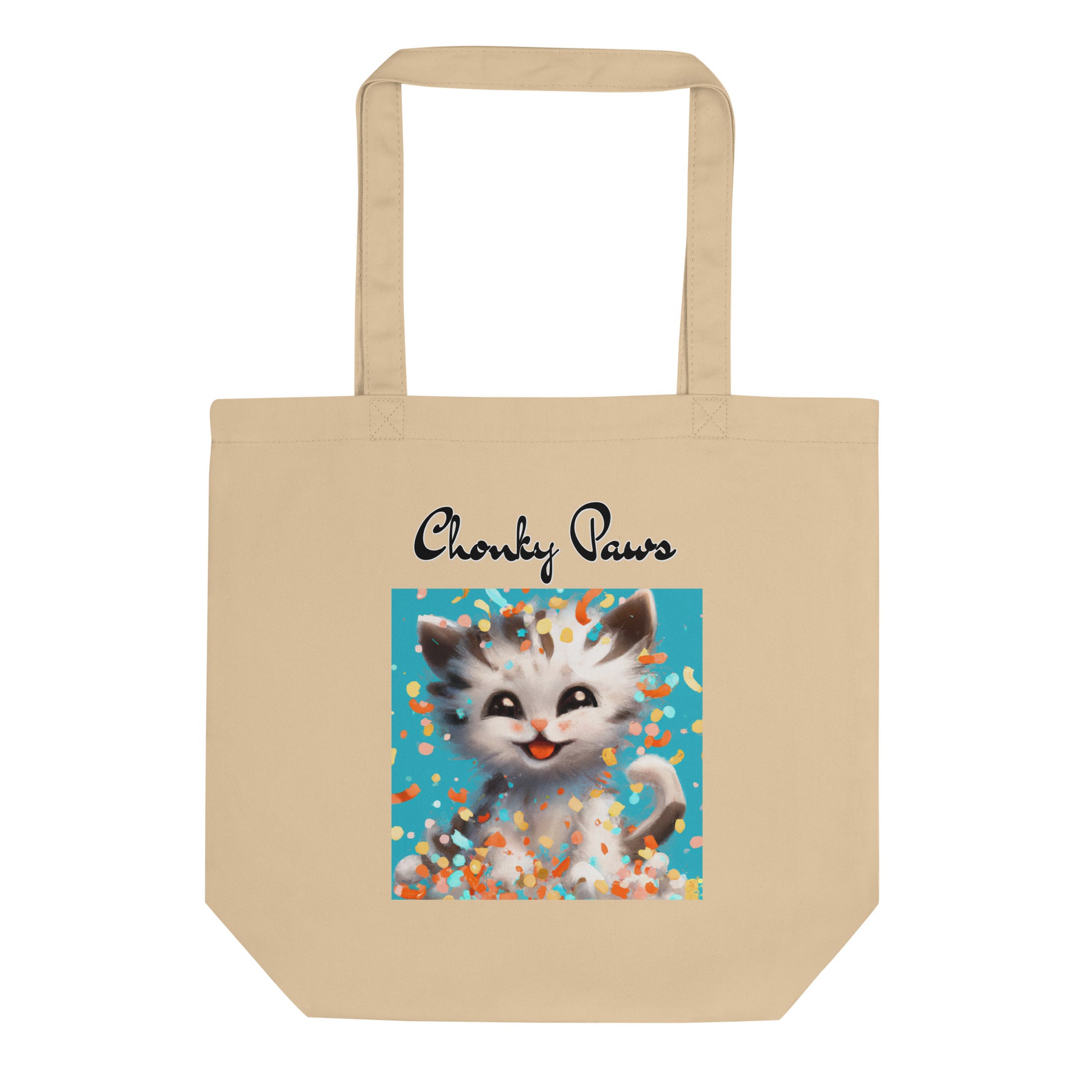 Eco Tote Bag with Happy Kitten With Confetti with text "Chonky Paws" at $26.97 found at Personalizedpetlovergifts