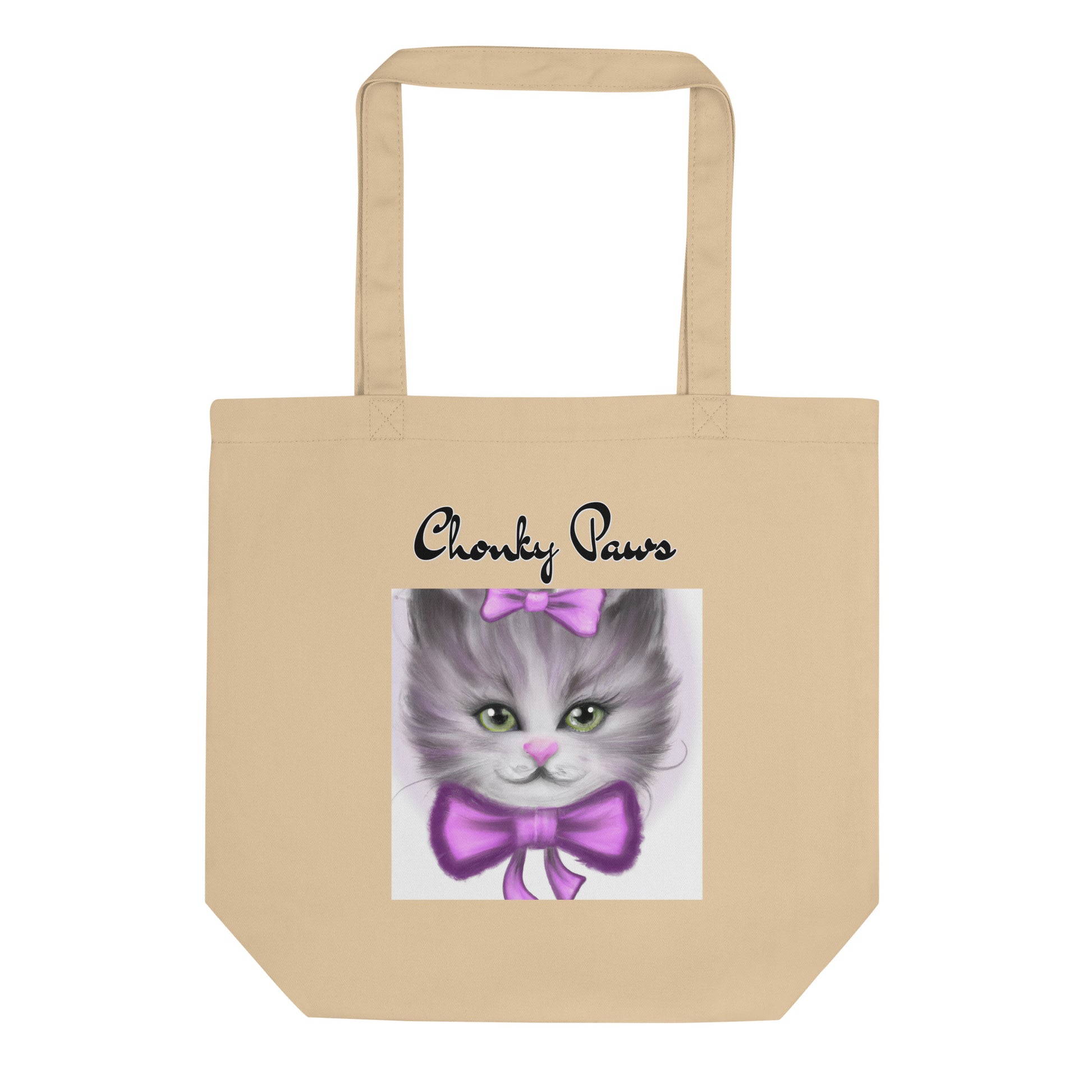 Eco Tote Bag with Happy Kitten With a Purple Bow with text "Chonky Paws" at $26.97 found at Personalizedpetlovergifts