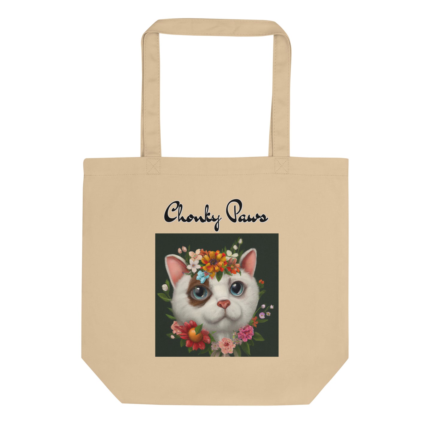 Eco Tote Bag with Happy Cat Portrait With Flowers with text "Chonky Paws" at $26.97 found at Personalizedpetlovergifts