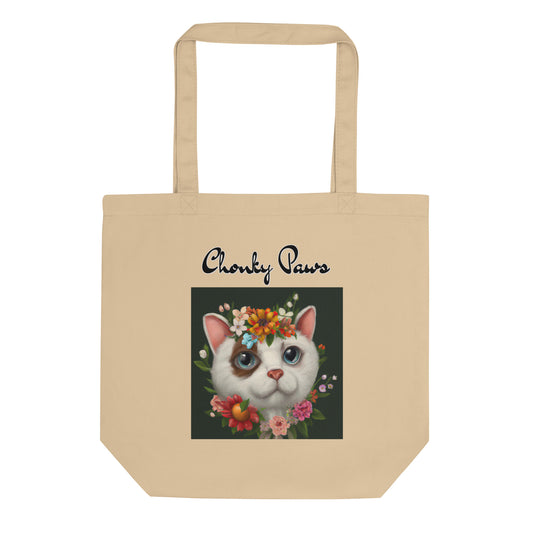 Eco Tote Bag with Happy Cat Portrait With Flowers with text "Chonky Paws" at $26.97 found at Personalizedpetlovergifts