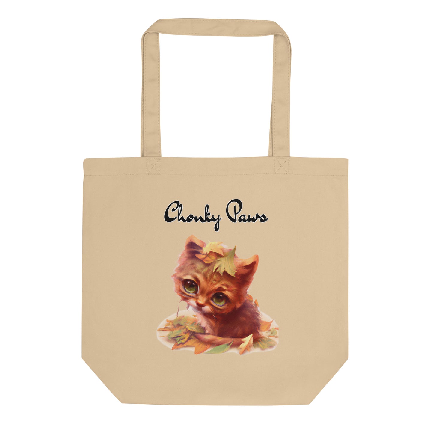 Eco Tote Bag with Ginger Cat With Autumn Leaves with text "Chonky Paws" at $26.97 found at Personalizedpetlovergifts