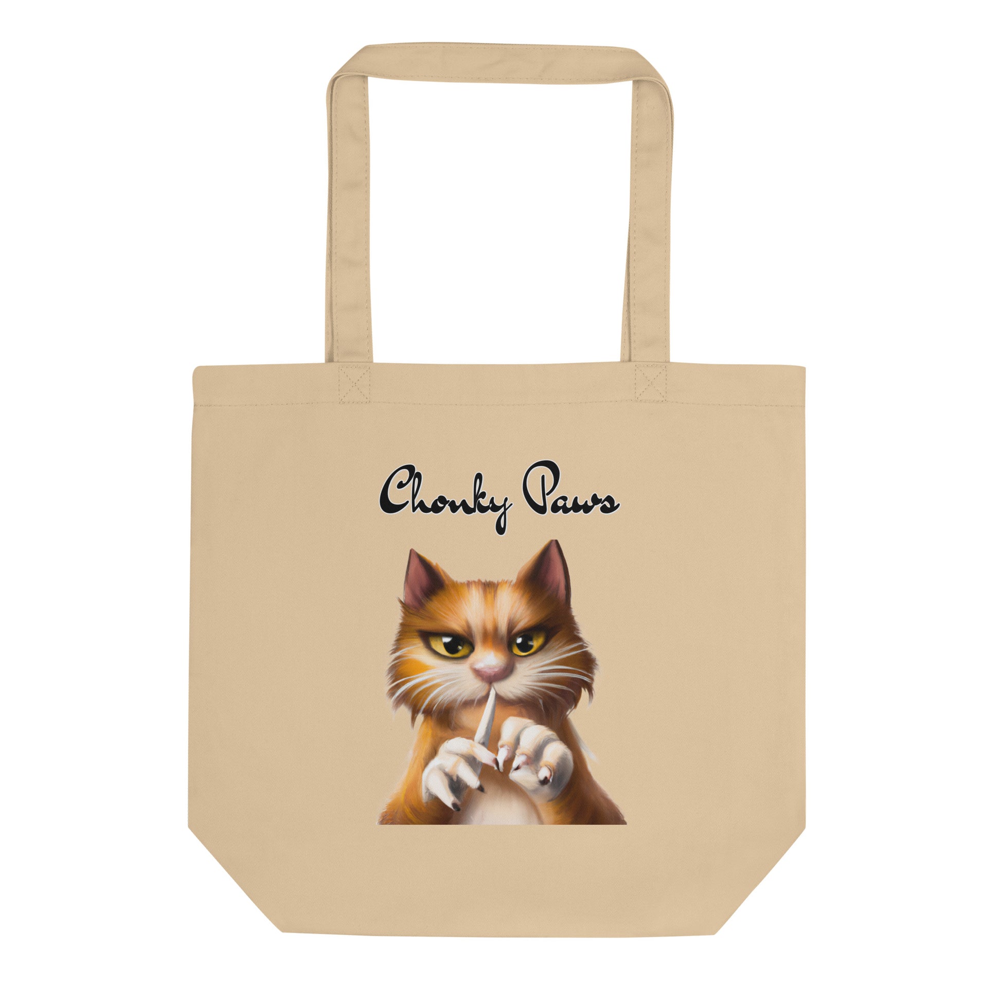 Eco Tote Bag with Ginger Cat Filing Its Nails with text "Chonky Paws" at $26.97 found at Personalizedpetlovergifts