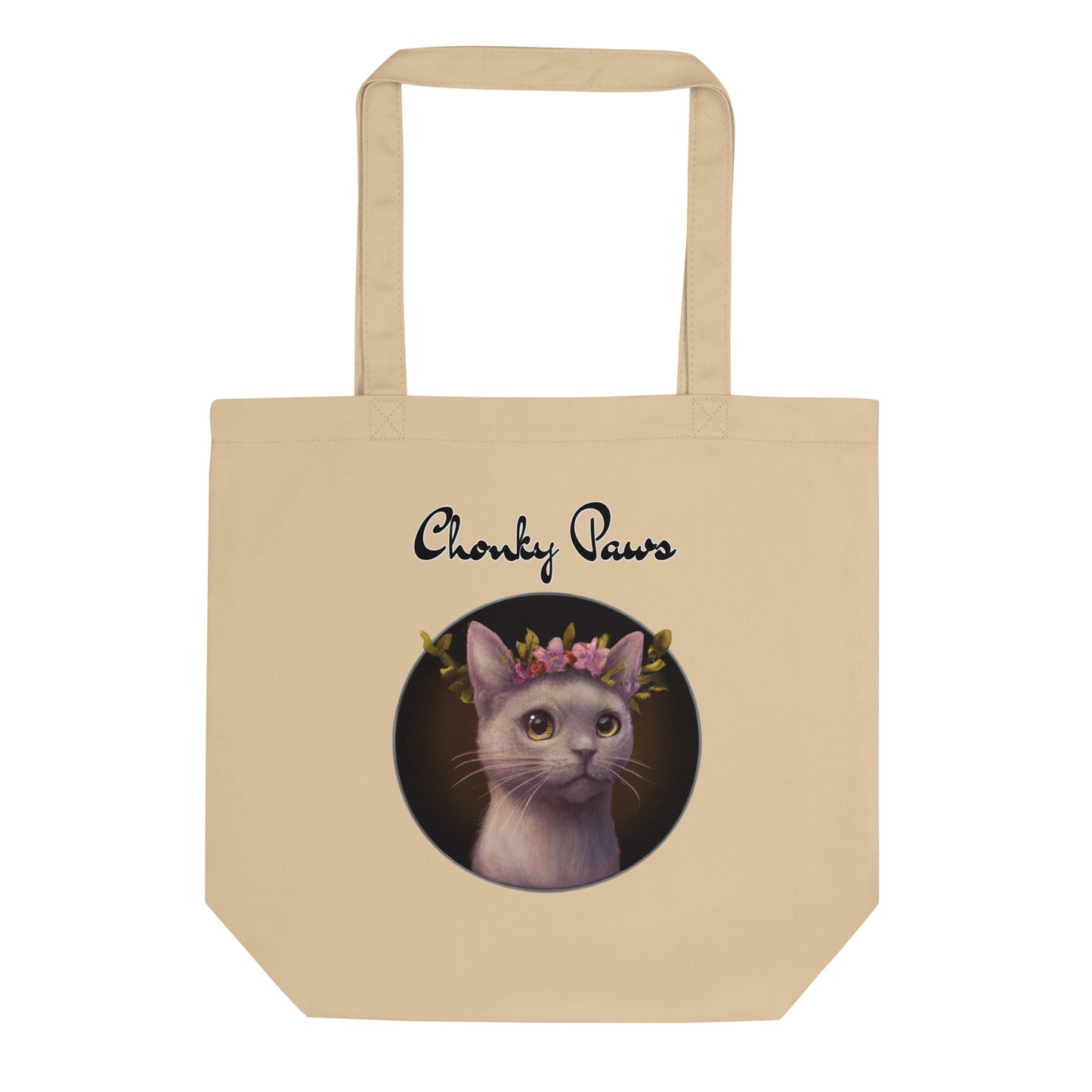 Eco Tote Bag with Gentle Cat With Pink Floral Headpiece with text "Chonky Paws" at $26.97 found at Personalizedpetlovergifts