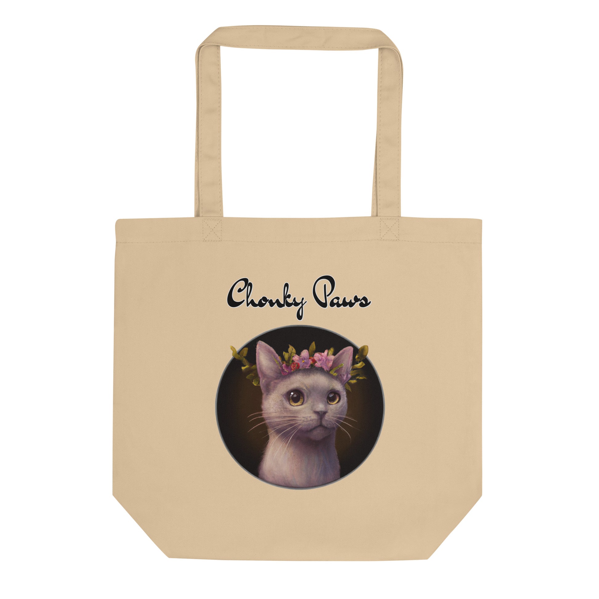 Eco Tote Bag with Gentle Cat With Pink Floral Headpiece with text "Chonky Paws" at $26.97 found at Personalizedpetlovergifts