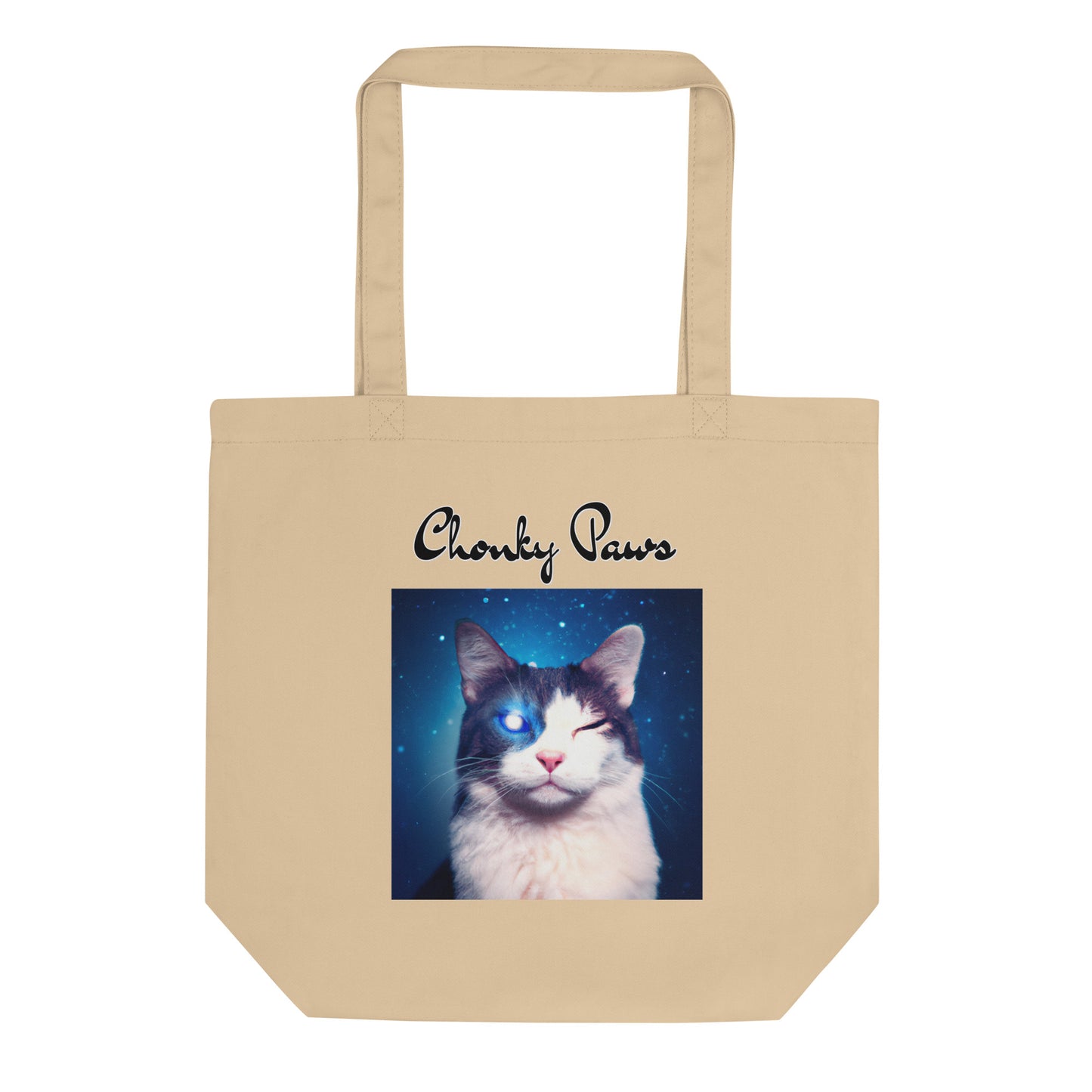 Eco Tote Bag with Galaxy Eyed Cat with text "Chonky Paws" at $26.97 found at Personalizedpetlovergifts