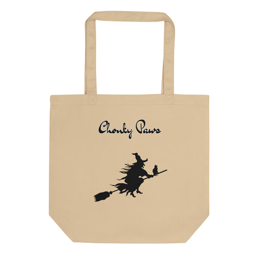 Eco Tote Bag with Flying Witch With Cat On a Broom with text "Chonky Paws" at $26.97 found at Personalizedpetlovergifts