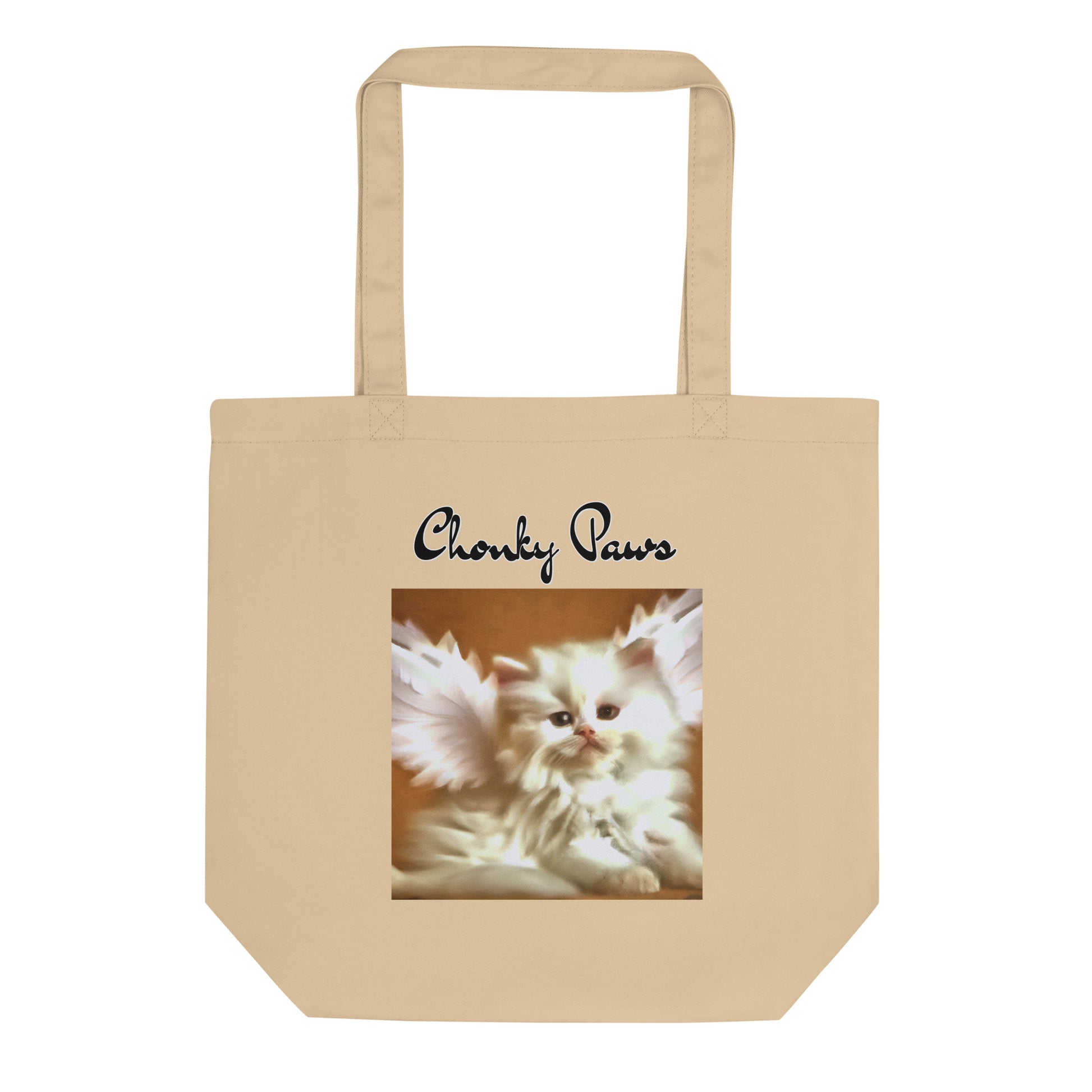 Eco Tote Bag with Fluffy White Kitten With Angel Wings with text "Chonky Paws" at $26.97 found at Personalizedpetlovergifts