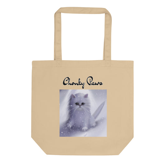 Eco Tote Bag with Fluffy White Kitten In The SNow with text "Chonky Paws" at $26.97 found at Personalizedpetlovergifts