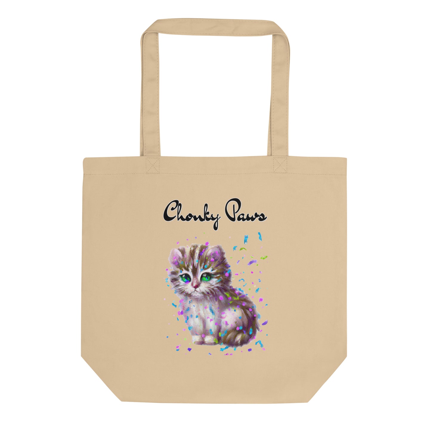 Eco Tote Bag with Fluffy Kitten With Confetti with text "Chonky Paws" at $26.97 found at Personalizedpetlovergifts