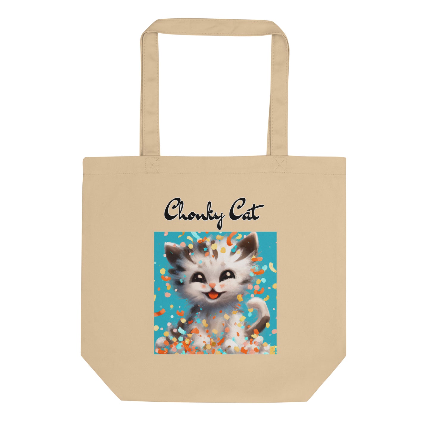 Eco Tote Bag with Happy Kitten With Confetti with text "Chonky Cat" at $26.97 found at Personalizedpetlovergifts