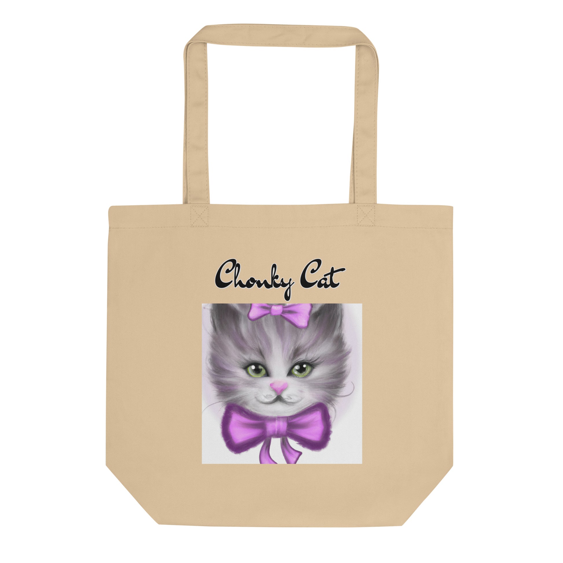 Eco Tote Bag with Happy Kitten With a Purple Bow with text "Chonky Cat" at $26.97 found at Personalizedpetlovergifts