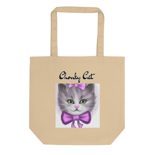 Eco Tote Bag with Happy Kitten With a Purple Bow with text "Chonky Cat" at $26.97 found at Personalizedpetlovergifts