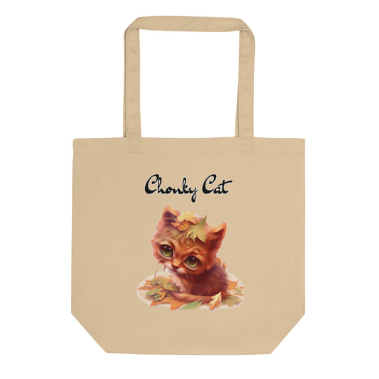 Eco Tote Bag with Ginger Cat With Autumn Leaves with text "Chonky Cat" at $26.97 found at Personalizedpetlovergifts