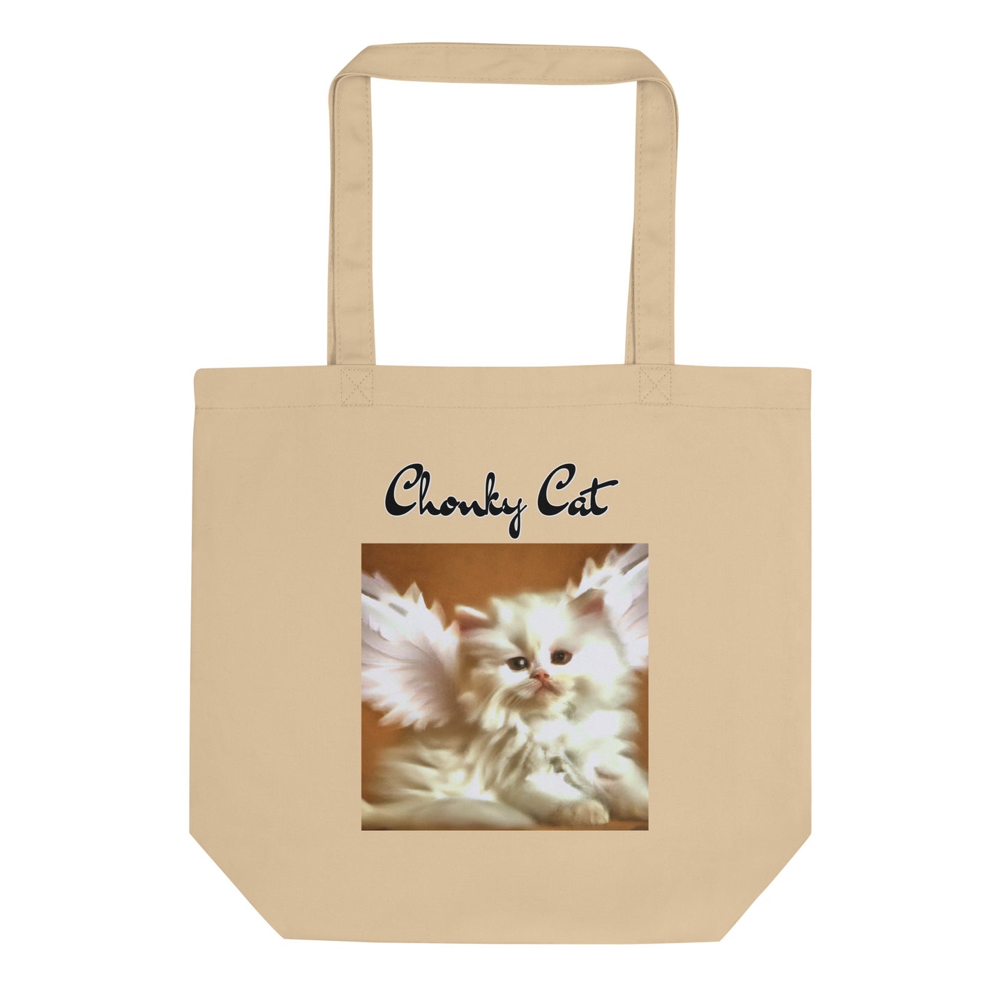 Eco Tote Bag with Fluffy White Kitten With Angel Wings with text "Chonky Cat" at $26.97 found at Personalizedpetlovergifts