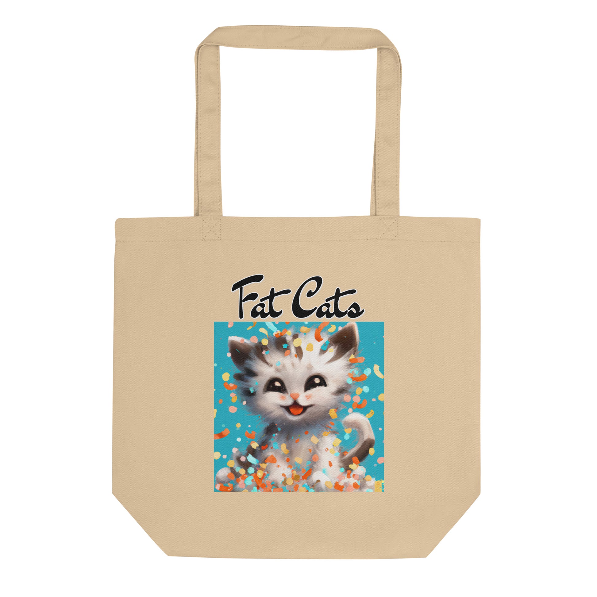 Eco Tote Bag with Happy Kitten With Confetti with text "Fat Cats" at $26.97 found at Personalizedpetlovergifts