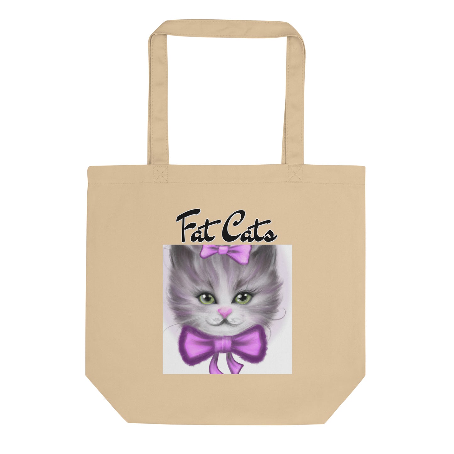 Eco Tote Bag with Happy Kitten With a Purple Bow with text "Fat Cats" at $26.97 found at Personalizedpetlovergifts