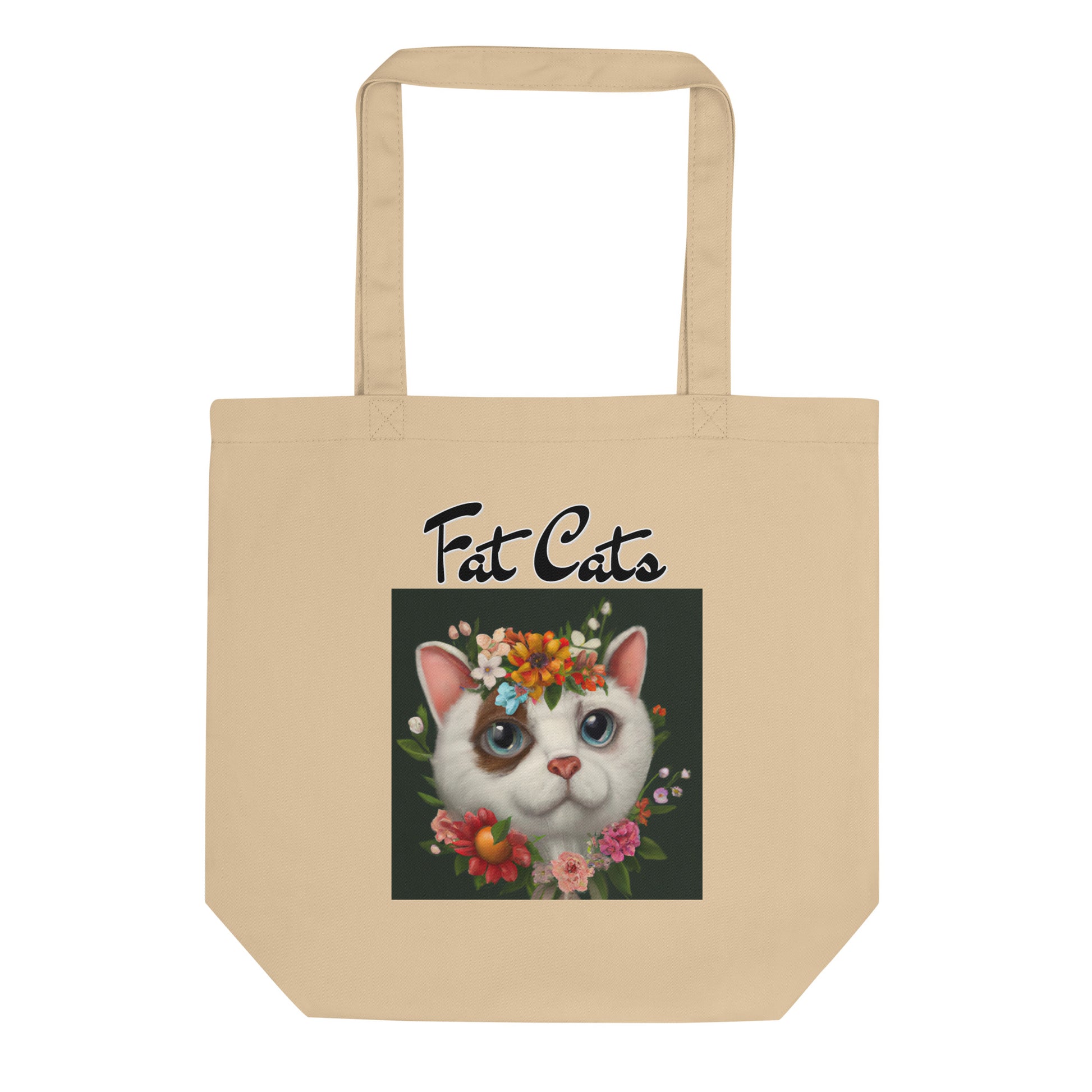 Eco Tote Bag with Happy Cat Portrait With Flowers with text "Fat Cats" at $26.97 found at Personalizedpetlovergifts