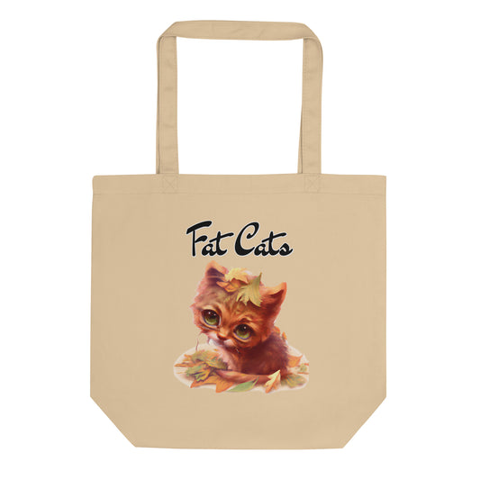 Eco Tote Bag with Ginger Cat With Autumn Leaves with text "Fat Cats" at $26.97 found at Personalizedpetlovergifts