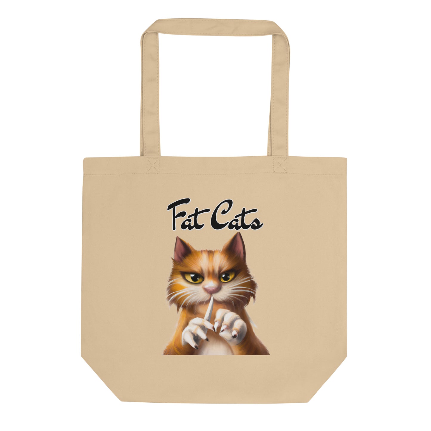 Eco Tote Bag with Ginger Cat Filing Its Nails with text "Fat Cats" at $26.97 found at Personalizedpetlovergifts